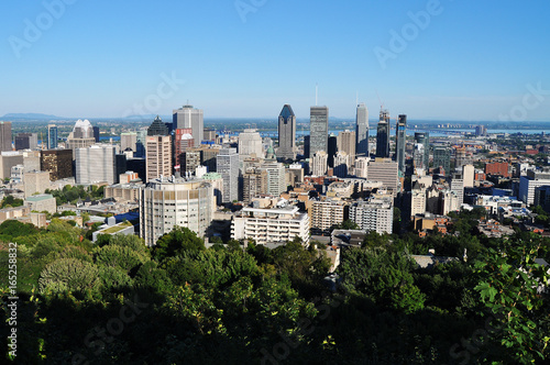 View from the Mont Royal of downtown Montréal skyscrapers during a green and sunny summer