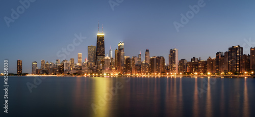 Chicago skyline panorama at night viewed from North Avenue Beach