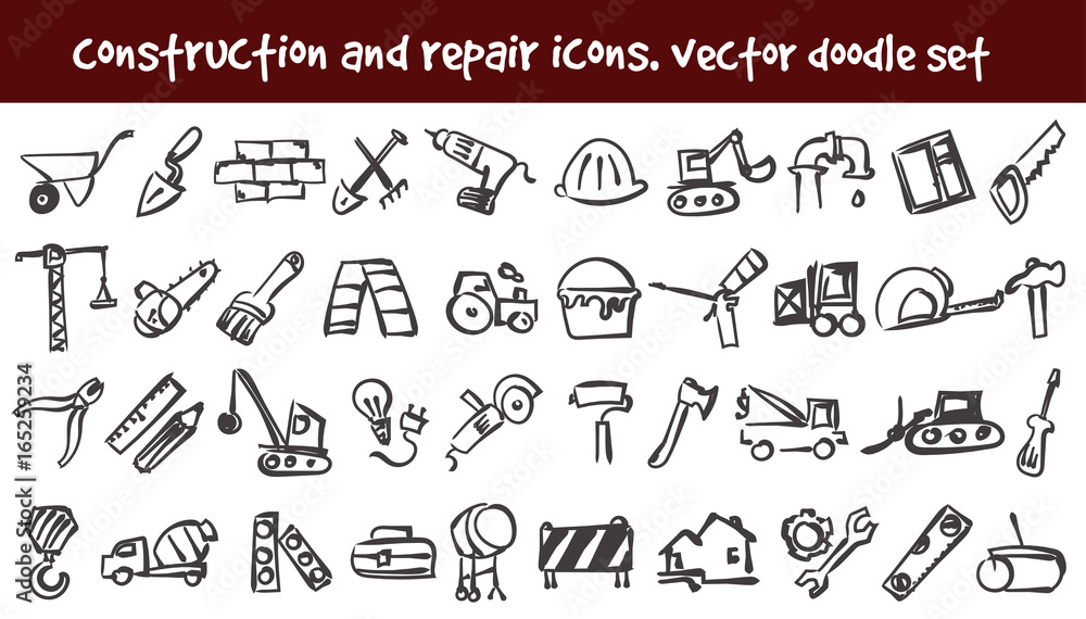 vector doodle construction and repair icons set vector doodle construction and repair icons set