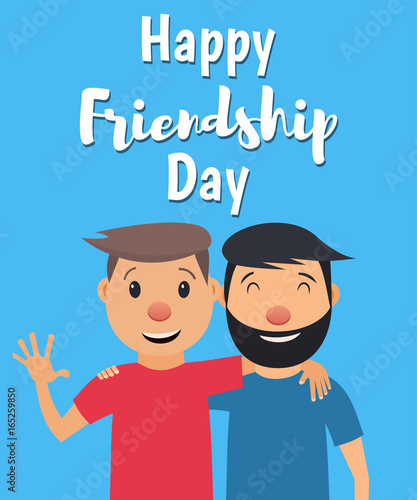 Happy Friendship Day. Two friends hugging and smiling. Vector illustration in flat style
