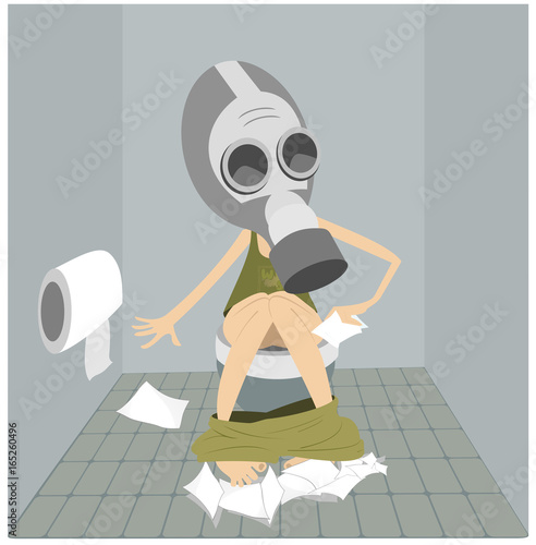 Man or a woman with diarrhea (food poisoning) sitting in the toilet. Man or a woman in the gas mask sitting in the toilet and using a lot of tissue

