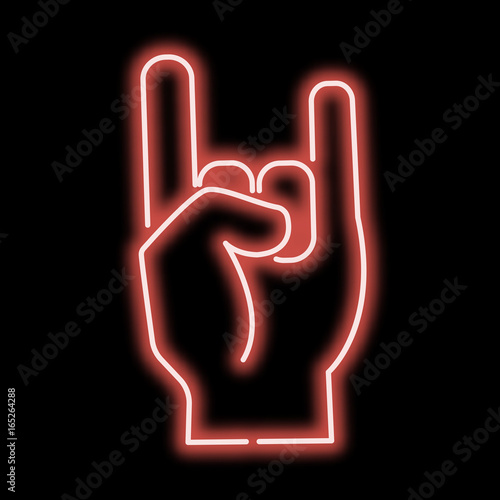 Neon sign hand that rocks finger.Red sign on a black background. vector illustration.