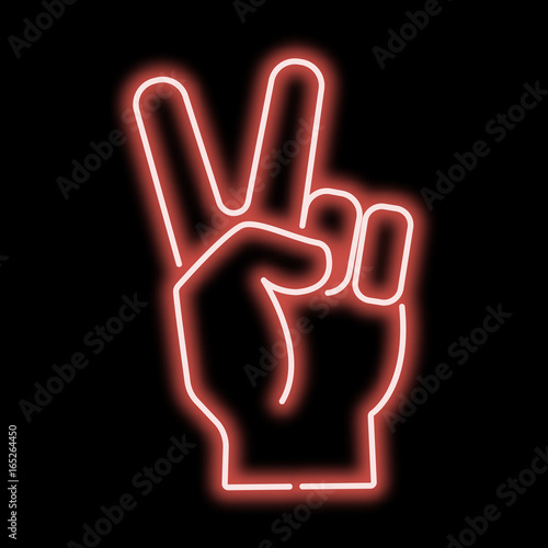 Neon sign hand showing a sign of victory. Red sign on a black background. vector illustration.