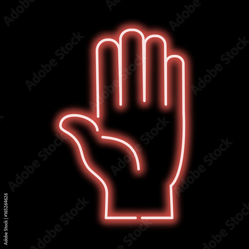 Neon sign hand palm. Red sign on a black background. vector illustration.