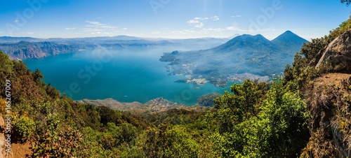 Atitlan lake in Guatemala, picture taken from San Pedro volcano. Volcanoes Cerro de Oro, Toliman, Atitlan at the right side. photo