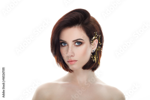 Beauty portrait of adult adorable fresh looking brunette woman with gorgeous makeup diy headpiece bob hairdo posing against isolated white background showing emotion and facial expression concept.