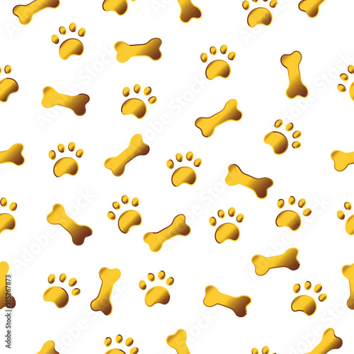 Seamless pattern with gold paws and bones.