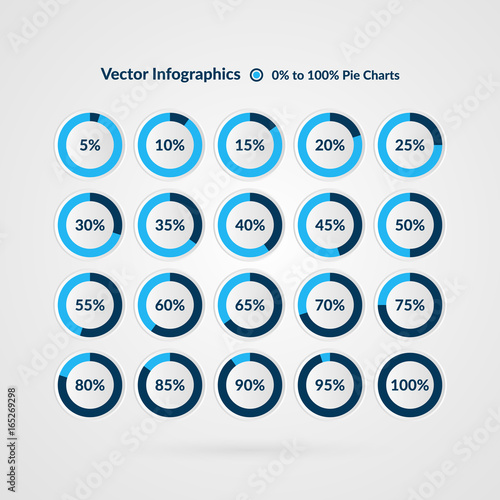 Percentage vector infographics. 5 10 15 20 25 30 35 40 45 50 55 60 65 70 75 80 85 90 95 100 percent pie chart symbols. Circle diagrams isolated. Illustration for business, marketing project, web
