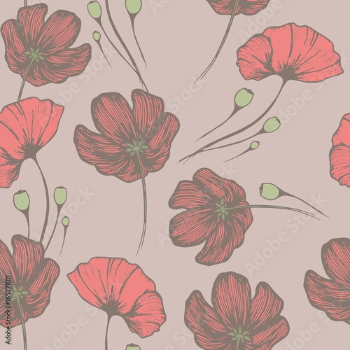Vintage poppies. Seamless hand drawn pattern for the design