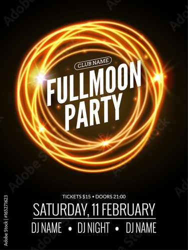Fullmoon party design flyer. Disco party night. Vector dance poster template. Moon light illustration