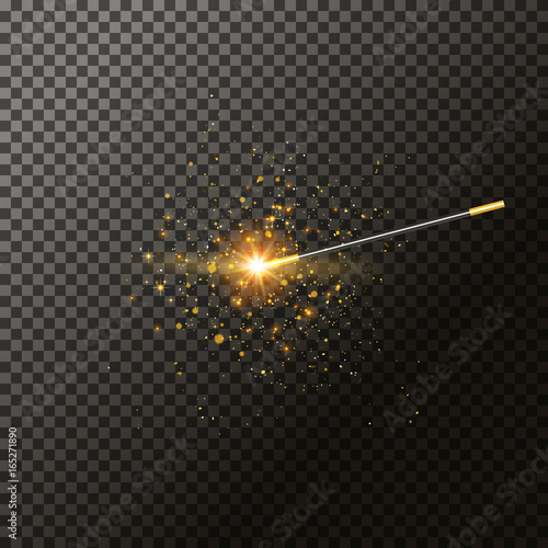 Magic wand illustration on transparent. Fairytale magician trick. Light miracle background. Magic stick