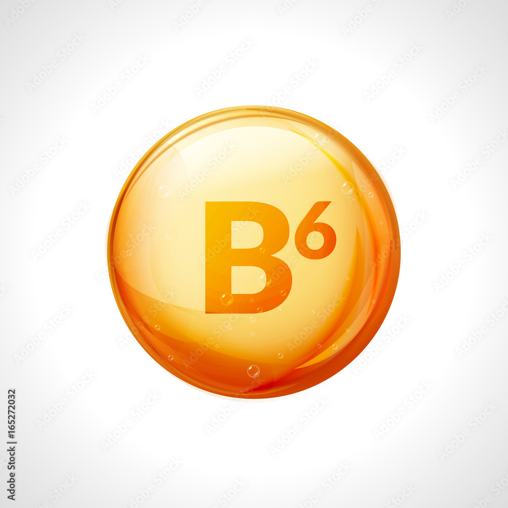 Vitamin b6 pill icon. Pyridoxine nutrition care. Gold drop essence. Isolated golden vector symbol of b6 vitamin medicine Vitamin b6 pill icon. Pyridoxine nutrition care. Gold drop essence. Isolated golden vector symbol of b6 vitamin medicine