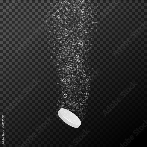 Vector fizzy drug background. Vitamin tablet with bubble trace in water. Transparent isolated water medicine for health. Painkiller pill