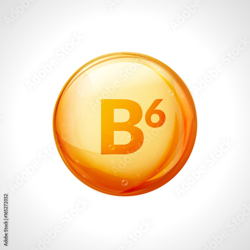 Vitamin b6 pill icon. Pyridoxine nutrition care. Gold drop essence. Isolated golden vector symbol of b6 vitamin medicine