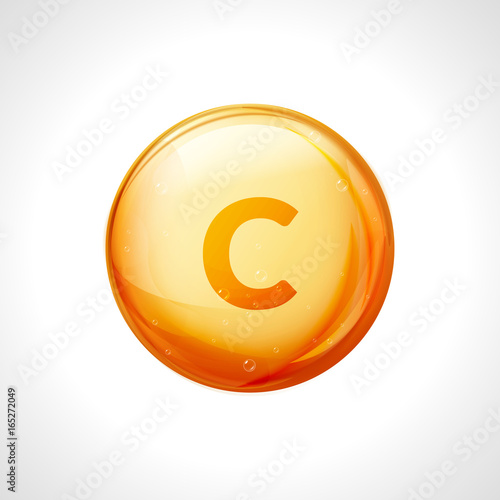 Vitamin C golden vector treatment. Vitamin gold oil pill icon. Skin care natural nutrition. Ascorbic antioxidant acid drop. Orange medicine capsule