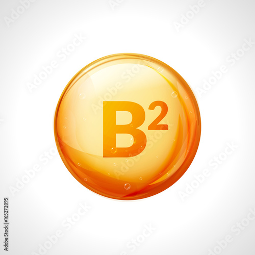 Vitamin B2 gold essence. Riboflavin drop pill vitamin treatment. Golden vector natural medicine isolated icon
