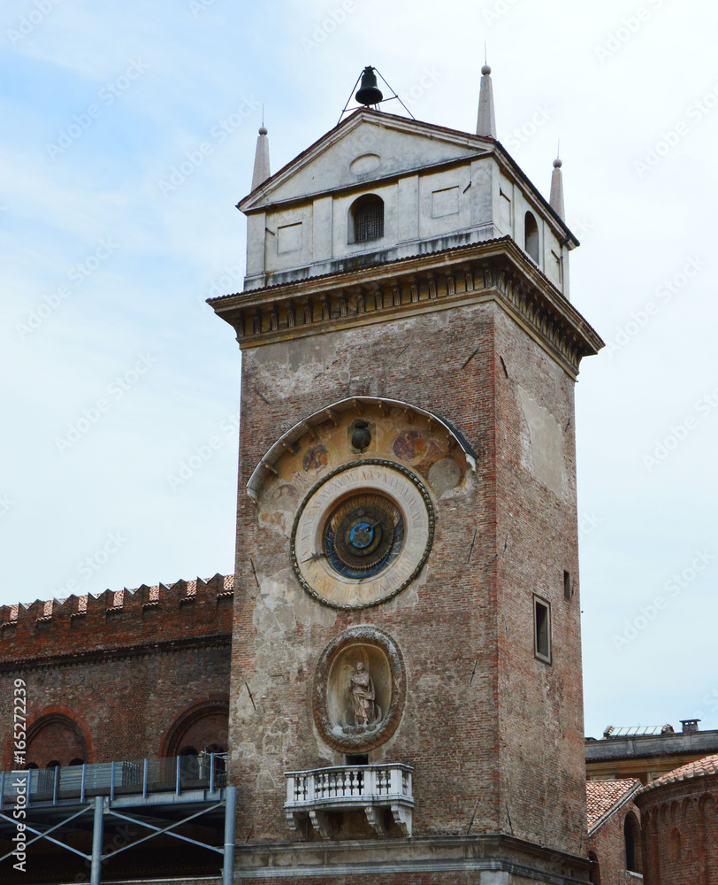Clock tower in Piazza delle Erbe square in Mantua, Italy