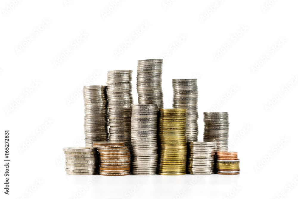 Stacks of coins over white background, Concepts of business, money saving and business growth. Stacks of coins over white background, Concepts of business, money saving and business growth.