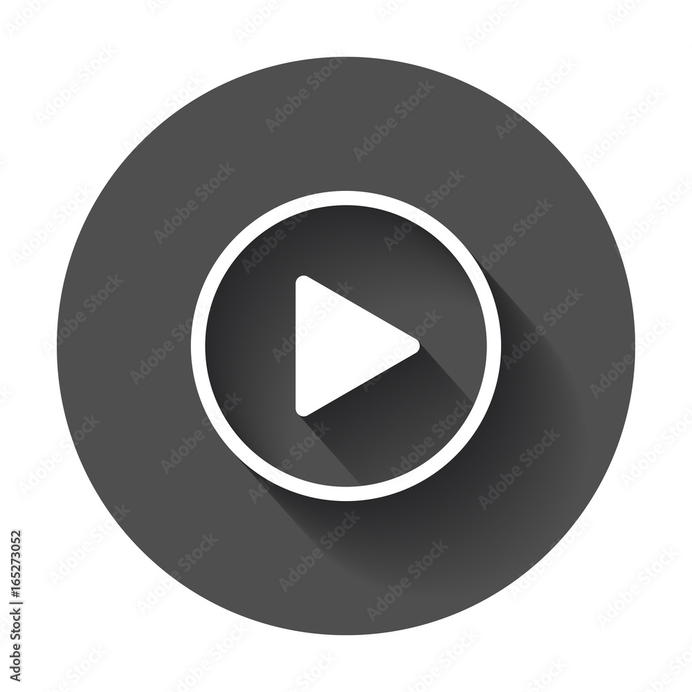 Play icon vector. Play video illustration in flat style on black round background with long shadow. Play icon vector. Play video illustration in flat style on black round background with long shadow.