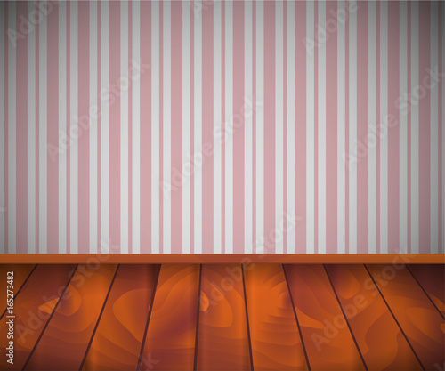 Background. Empty room with wooden floor or parquet and striped wallpaper.