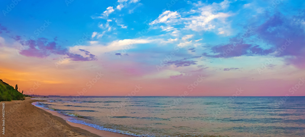 Panorama of the sea shore at sunset, soft pastel colors, nature background