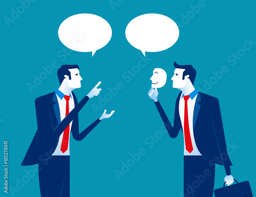 Business person holding a happy mask. Concept business vector illustration.