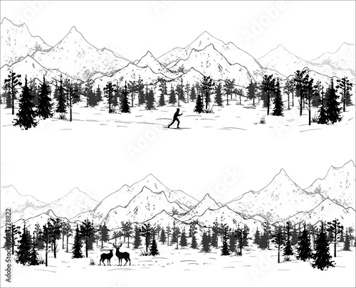 hand drawn landscape with mountains, forest and skier and deers