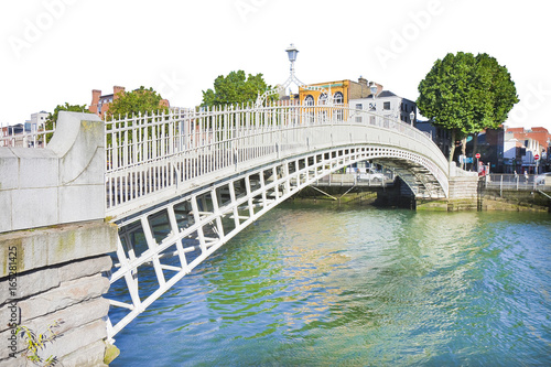 The most famous bridge in Dublin called "Half penny bridge" on white background for easy selection