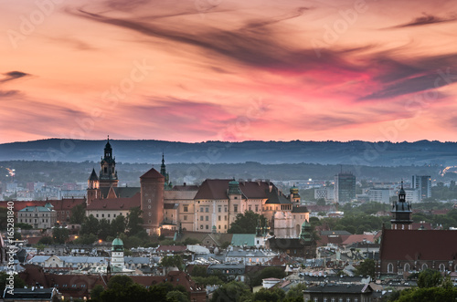 Krakow panorama from Krakus Mound, Poland landscape in the evening.