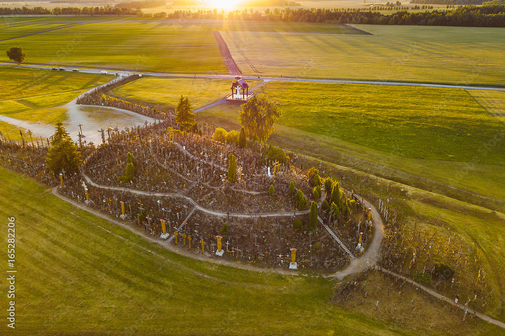 Drone aerial view of Hill of Crosses (KRYZIU KALNAS). It is a famous