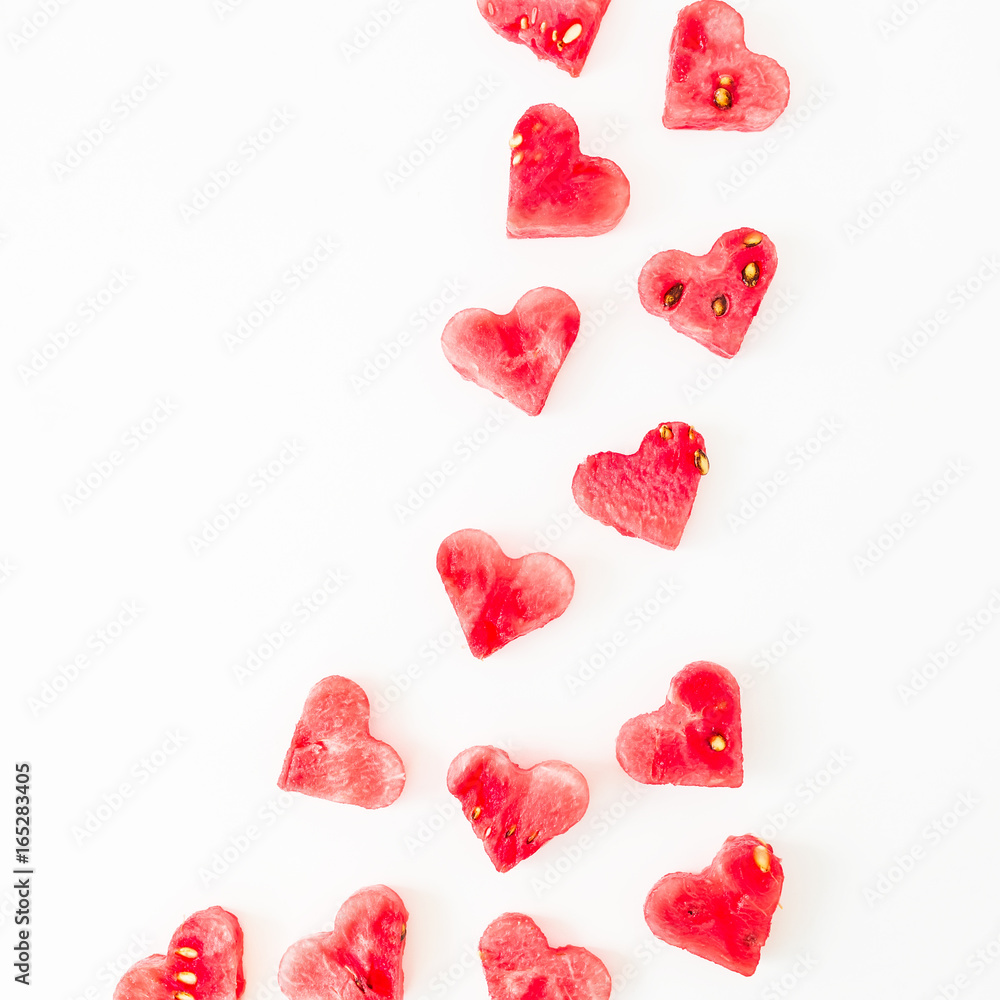 Watermelon love composition on white background. Love pattern concept. Flat lay. Top view