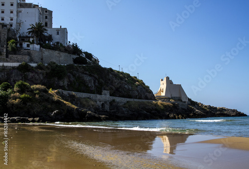  Sperlonga , beautiful sandy beach with View of the famous Medieval Truglia Tower , Latina Province in southern Lazio.Italy.