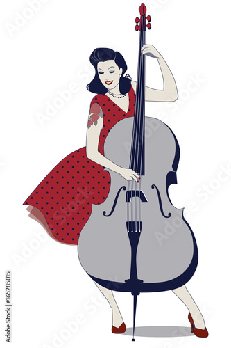 Beautiful and tattooed pin-up girl playing double bass. Vector Illustration