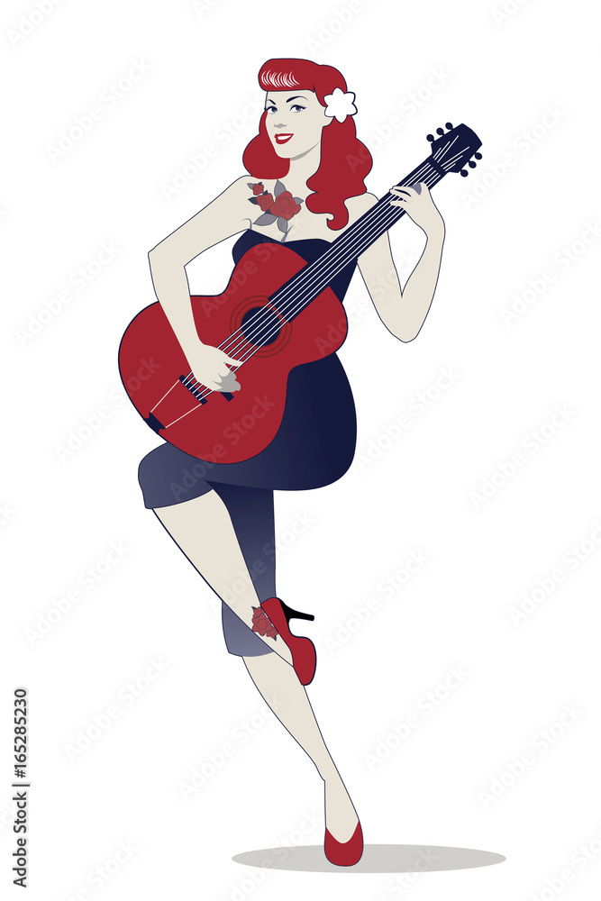 Beautiful and tattooed pin-up girl playing guitar. Vector Illustration