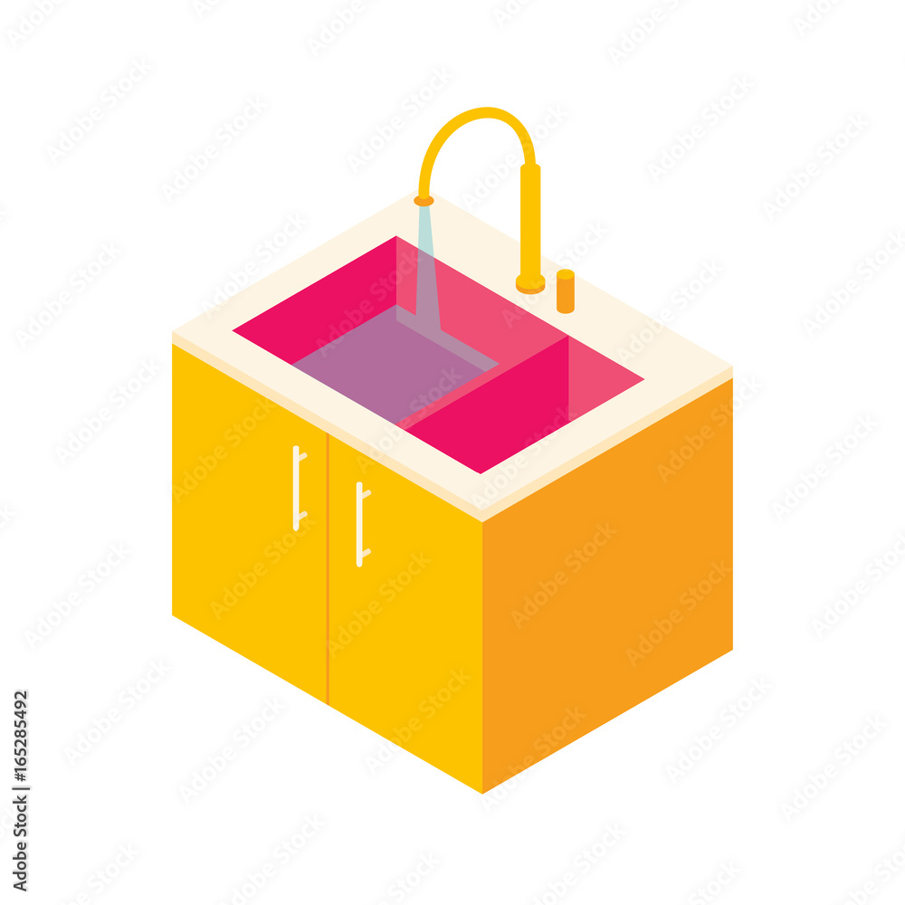 Water drop from faucet.vector illustration,sink for washing dishes with wardrobe drain the water in the sink.Water splashing down in the sink.Isometric basin with tap and water. Water drop from faucet.vector illustration,sink for washing dishes with wardrobe drain the water in the sink.Water splashing down in the sink.Isometric basin with tap and water.