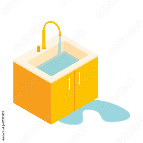 the faulty sink drain, sink trap leaking. drain the water in the sink.drain the water in the sink.Water splashing down in the washbowl.Isometric basin with tap and water. vector illustration