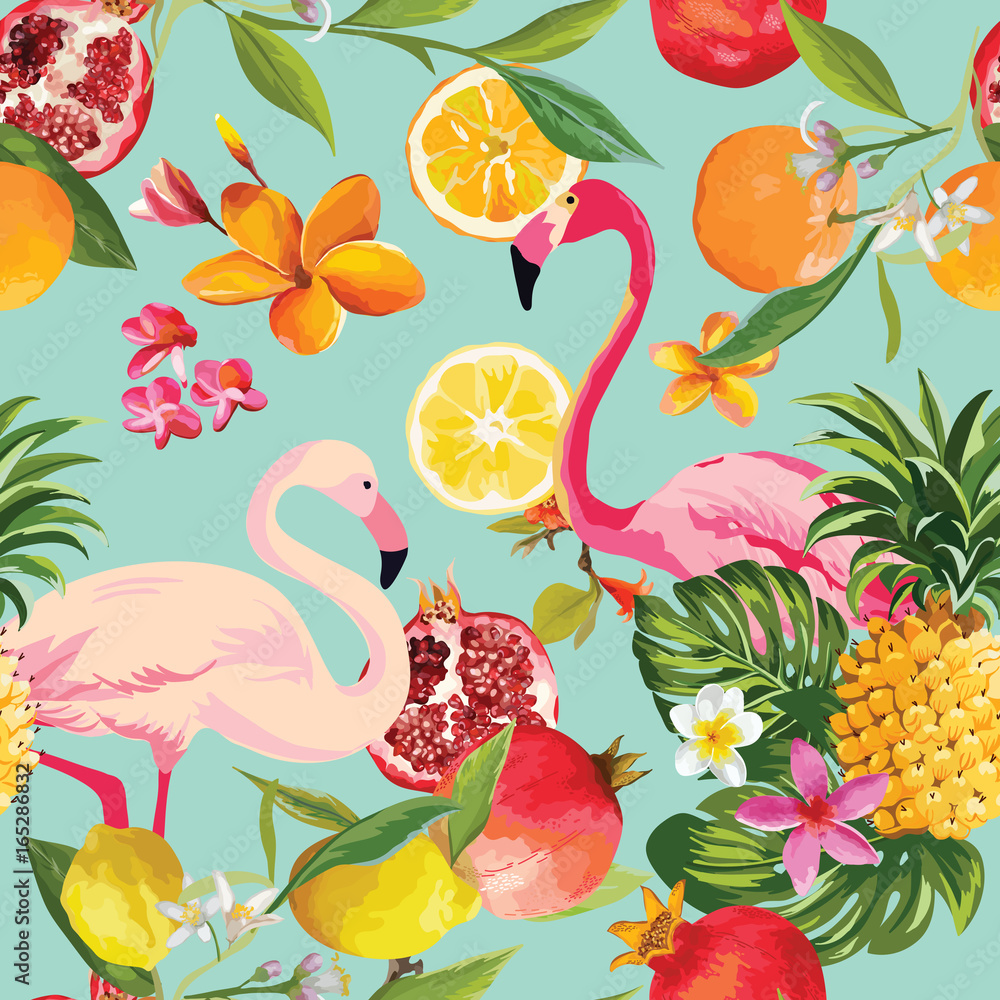 Naklejka premium Seamless Tropical Fruits and Flamingo Pattern in Vector. Pomegranate, Lemon, Orange Flowers, Leaves and Fruits Background.