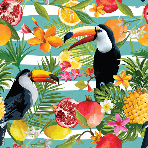 Seamless Tropical Fruits and Toucan Pattern in Vector. Pomegranate, Lemon, Orange Flowers, Leaves and Fruits Background.