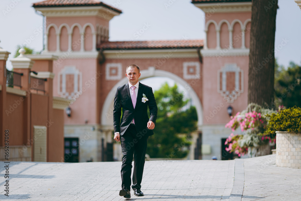 Impressive and handsome groom for a walk in the open air Impressive and handsome groom for a walk in the open air