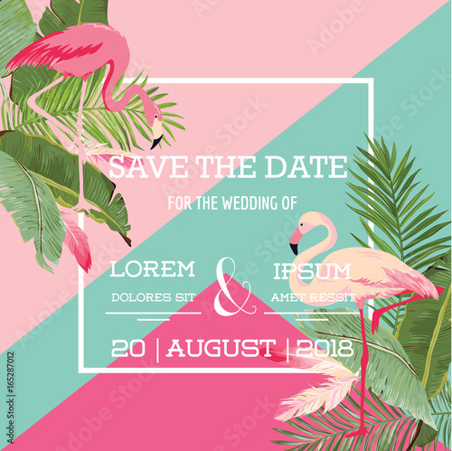 Tropical Flowers and Flamingo Summer Wedding Card, Exotic Floral Invitation in Vector photo