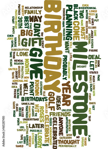 MILESTONE BIRTHDAY GIFT IDEAS Text Background Word Cloud Concept photo