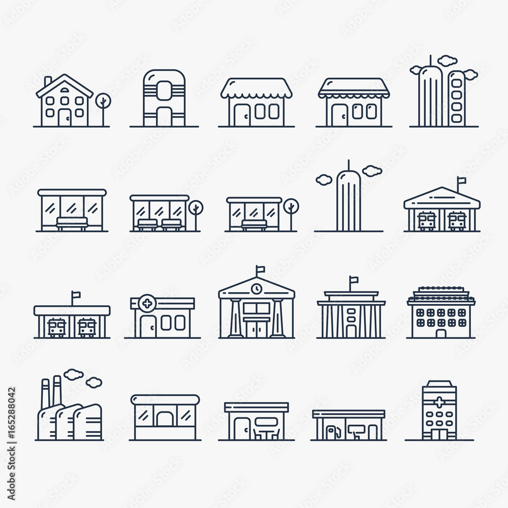 Building And House Minimalistic Line Icon Set. Shop, store, skyscraper, bus stop, pharmacy, drugstore, hospital, factory, cafe, gas station.