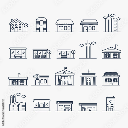 Building And House Minimalistic Line Icon Set. Shop, store, skyscraper, bus stop, pharmacy, drugstore, hospital, factory, cafe, gas station.