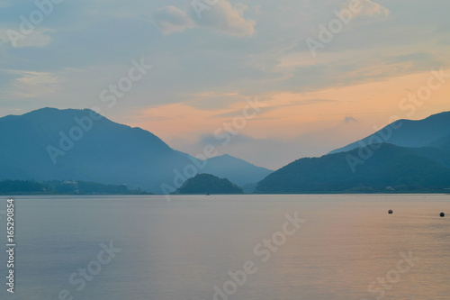 Landscape of Mountain ranges in Japan around lake Kawaguchiko at dusk