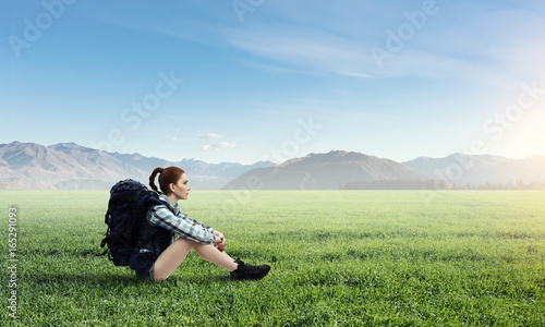 Girl hiker having rest. Mixed media © Sergey Nivens