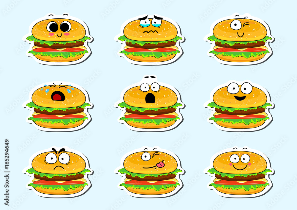Cartoon burger cute character face isolated vector illustration. Funny face  icon collection. Cartoon face food emoji. Burger emoticon. Funny food  sticker. Stock Vector