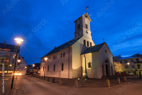 Beautiful blue hour view of the Reykjavik Cathedral in Reykjavik, Iceland