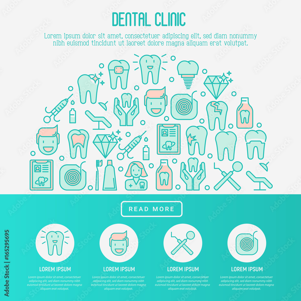 Dental clinic concept with thin line icons related to teeth treatment, dental equipment, oral hygiene. Vector illustration for web page, banner, print media.