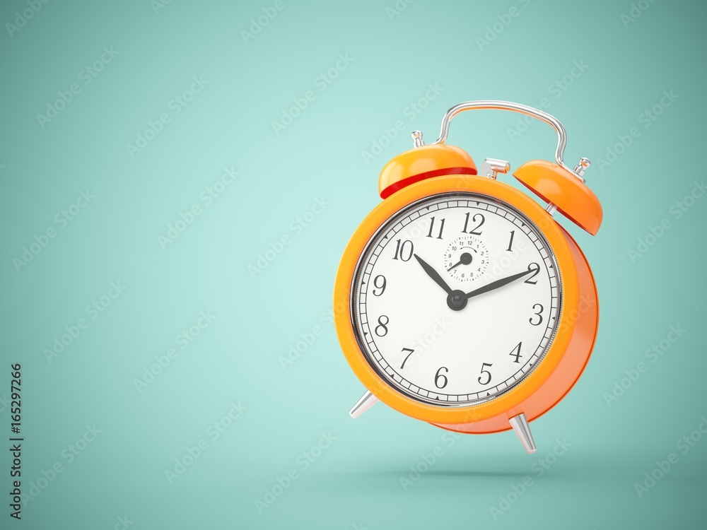 3D rendering orange alarm clock isolated on green background Stock