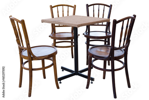 Set of wood table and chairs isolated on white background